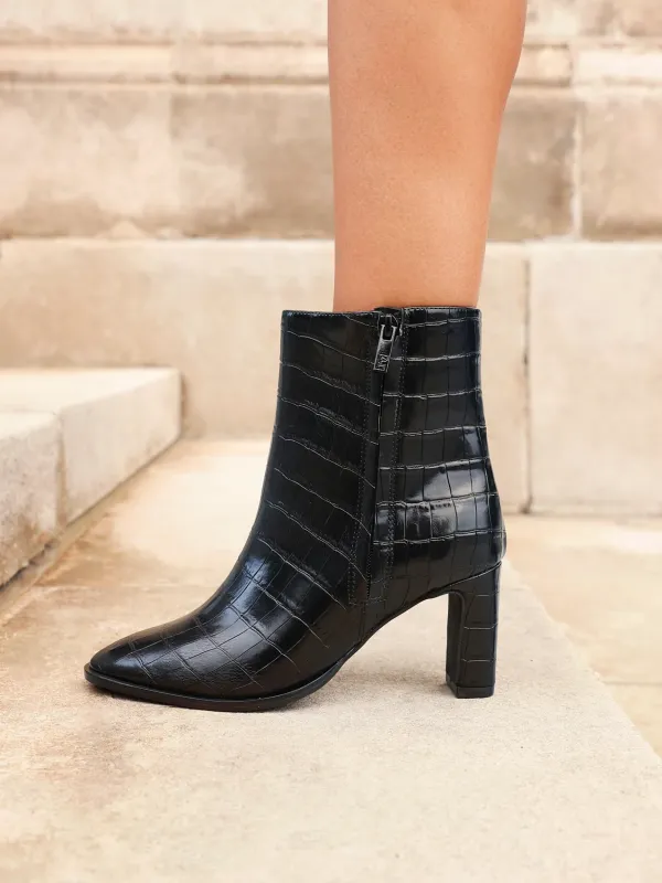 Jonas Jet-black Croc Patent Heeled Ankle Boots