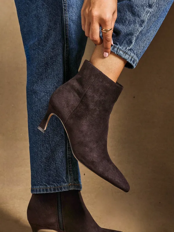 Secured Espresso Faux Suede Stiletto Ankle Boots