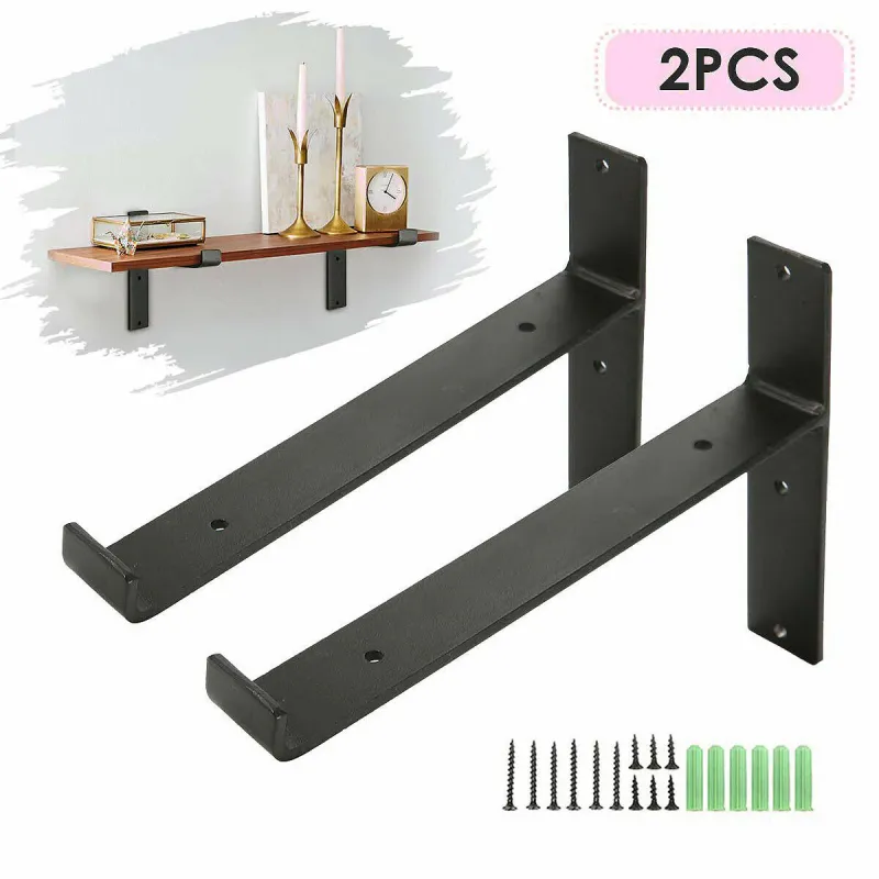 2x Heavy Duty Steel Shelf Brackets - Rustic T Brackets Wood Wall Shelf