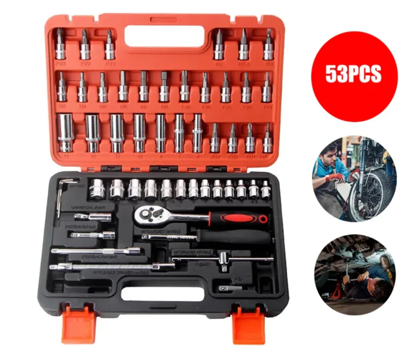 53Pcs Adjust 1/4" Socket Ratchet Wrench Kit Drive Car Repairing Tools