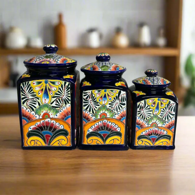 Cobalt Sapphire Talavera Canister Trio | Mexican Hand-Painted Storage