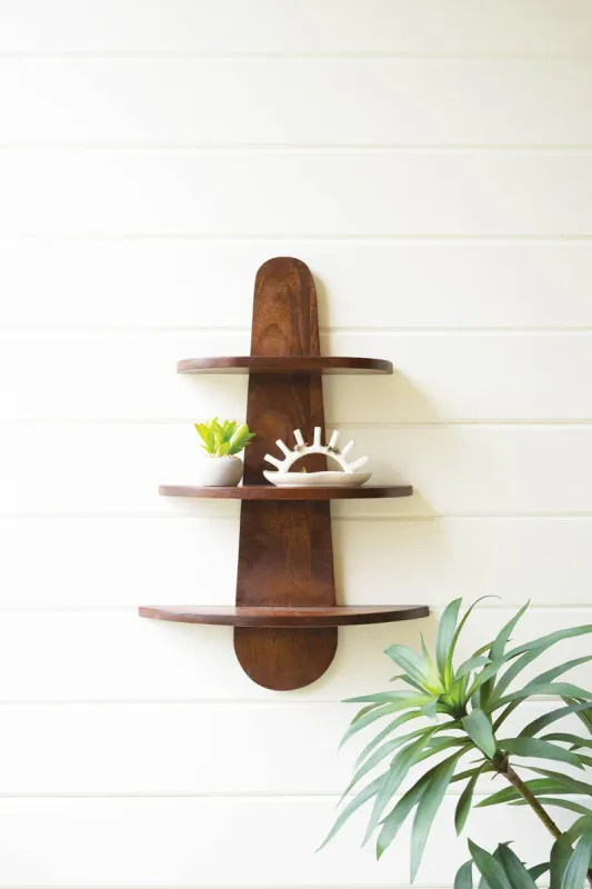 Three-way demi-lune mango wood wall shelf