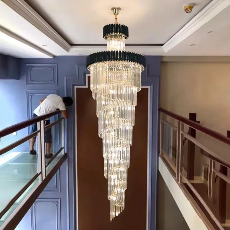 Afralia™ Crystal LED Chandeliers: High-end Multi-layer Staircase Lighting, Black Stainless Steel