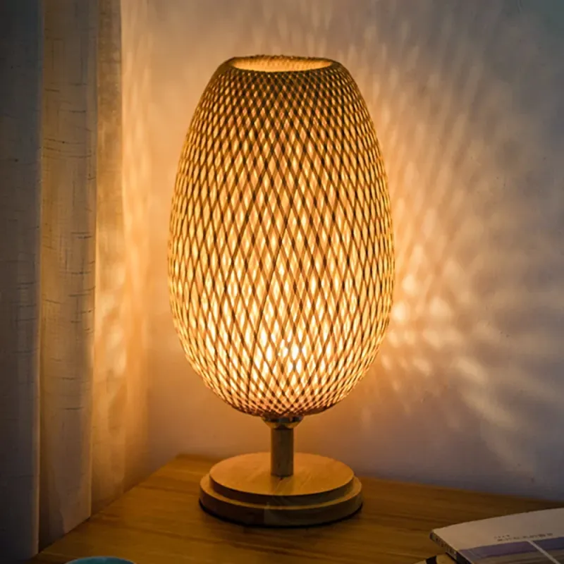 Afralia™ Handcrafted Bamboo-wood Table Lamp Wood Rattan Lampshade