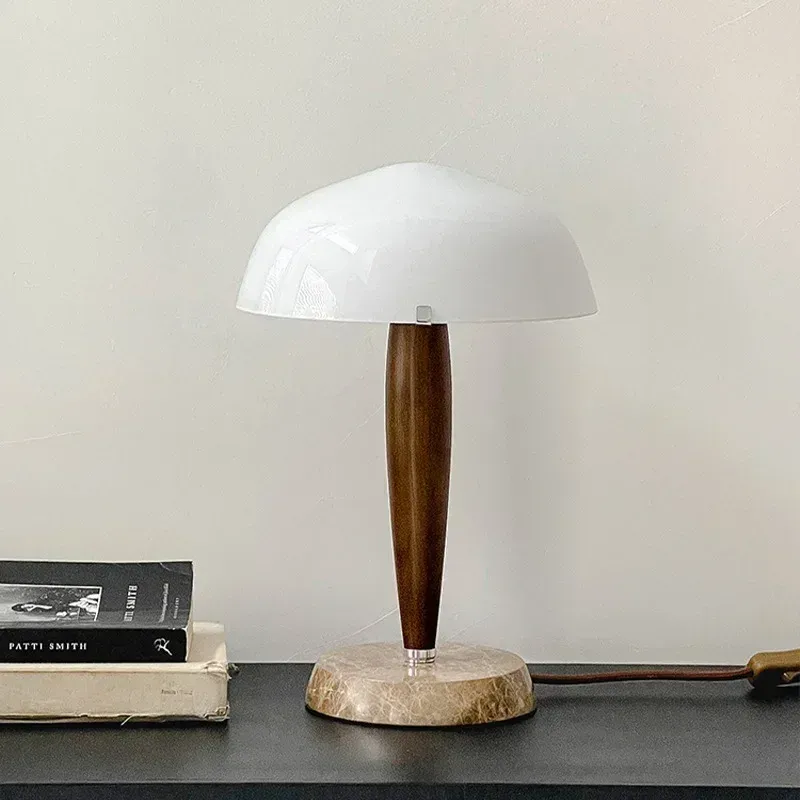 Afralia™ SHY3 Walnut Wood Desk Lamp Glass Shade Marble Base Table Portable (UL Listed)
