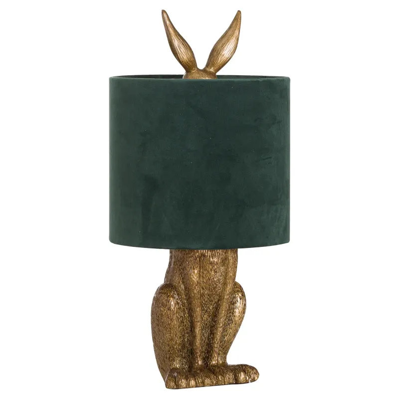 Antique Gold Hare Table Lamp Green Plush fabric Shade – Quirky Statement Lighting