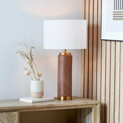 Carrara Wood Effect Ceramic Tall Table Lamp Ivory Shade