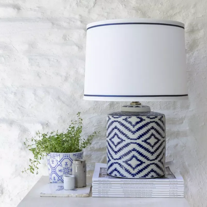Ceramic Lamp – Ikat Navy White Shade - Grand Illusions