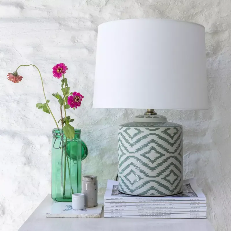 Ceramic Lamp – Ikat Sage Ivory Shade - Grand Illusions