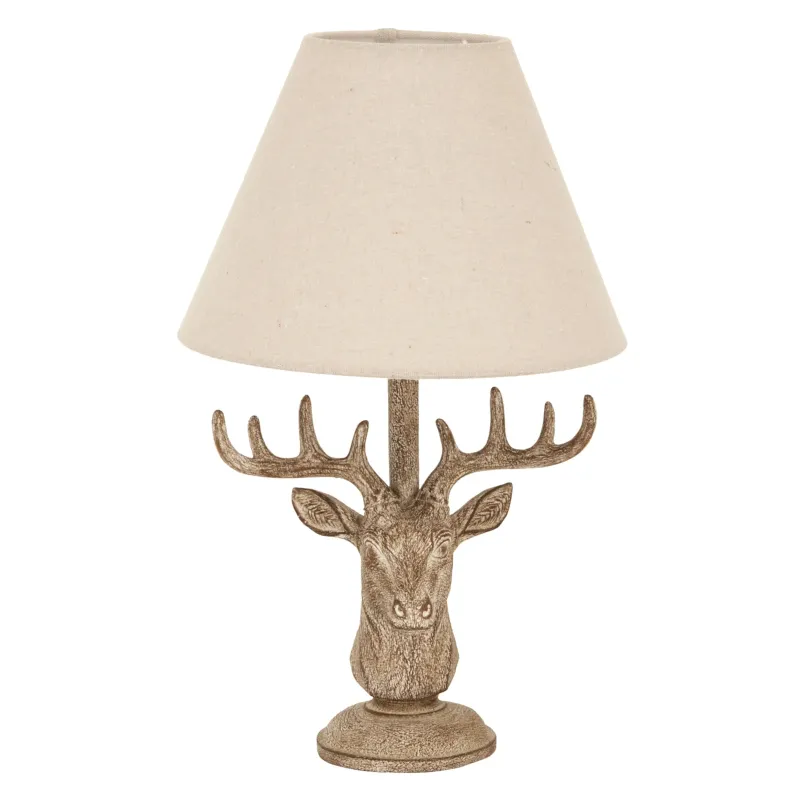 Dimmable LED Stonewashed Stag Head Table Lamp Flax Shade
