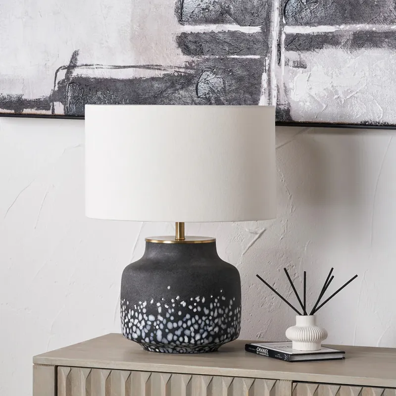 Etna Black Glass Lamp Base Henry 40cm Pearl Handloom Cylinder Lampshade