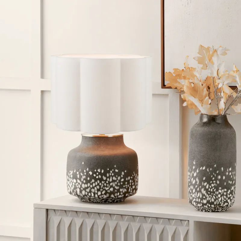 Etna Black and Snow Glass Table Lamp Bloom 40cm Scalloped Handloom Shade