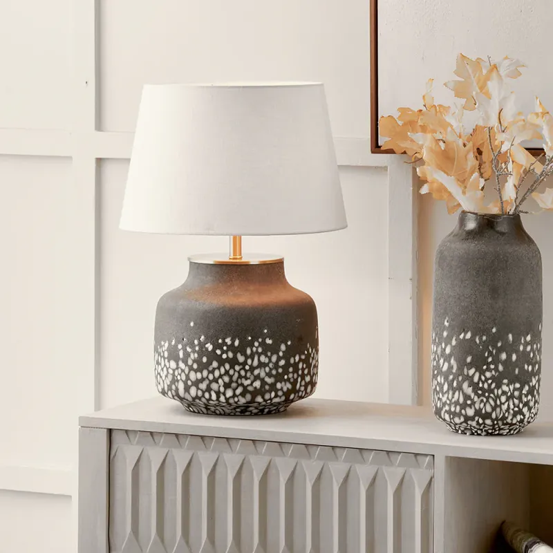 Etna Black and White Glass Table Lamp Lys 40cm Snow Linen Tapered Shade