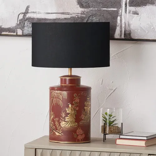 Landscape Cherry Hand Painted Metal Table Lamp Black Cylinder Shade
