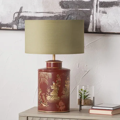 Landscape Red Hand Painted Alloy Table Lamp Taupe Cylinder Shade Touch Control