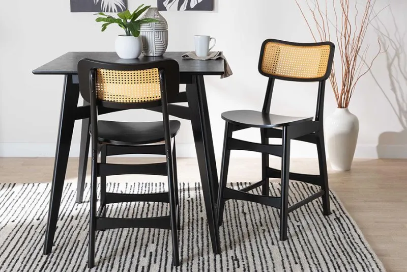 Baxton Studio Tafari Mid-Century Modern Dark Chestnut Finished Wood and Rattan 2-Piece Counter Stool Set