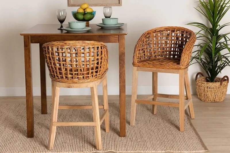 Mario Modern Bohemian Unadulterated Brown Finished Teak Wood and Rattan 2-Piece Counter Stool Set