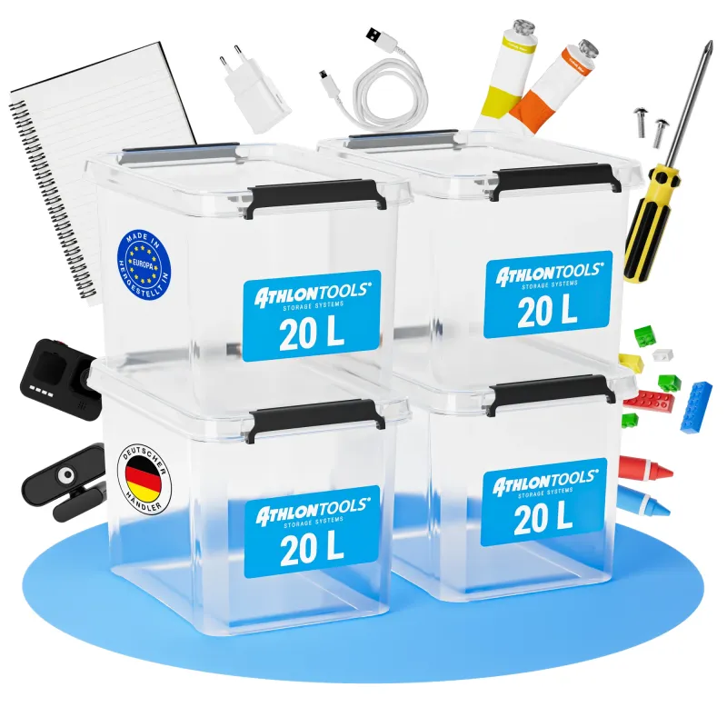 ATHLON TOOLS 4x 20 L Aufbewahrungsboxen mit Deckel Compatible French Cleat