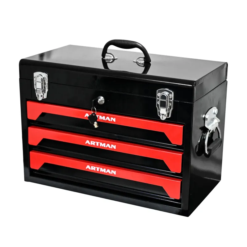 Portable 20" Steel Tool Box 3 Drawers And Metal Latch Closure - Midnight / Red Charcoal Gray