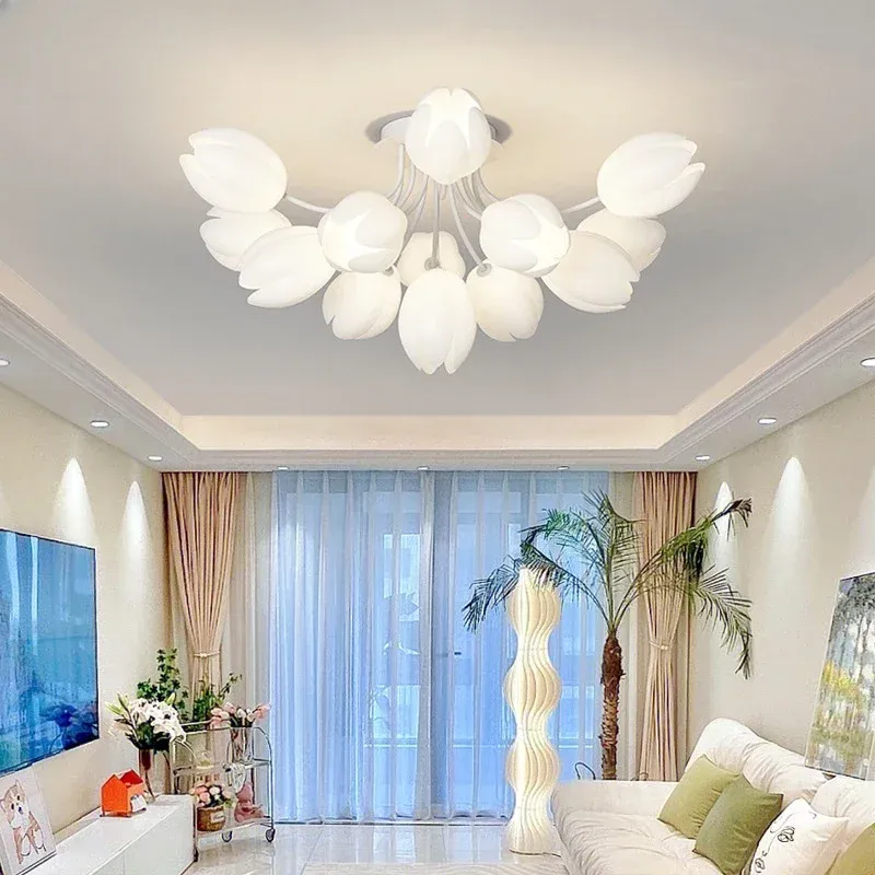 Afralia™ Chalk Lily Blossom LED Chandelier Living Room Dining Bedroom Kitchen. Drywall Installation