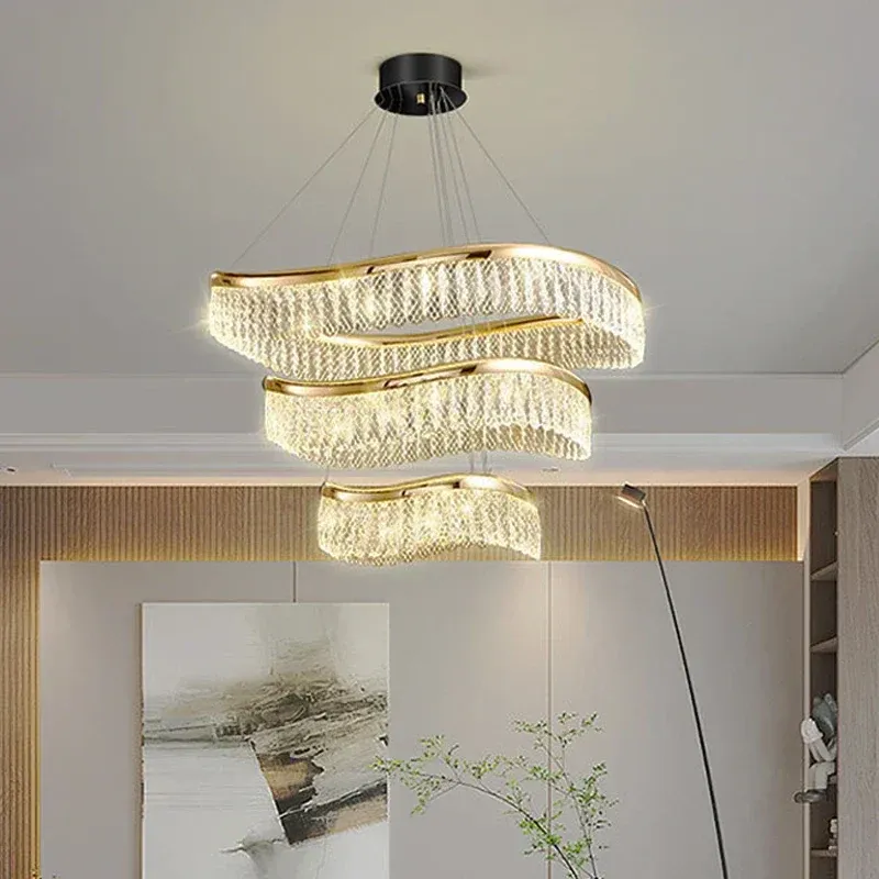 Afralia™ Contemporary Golden LED Crystal Chandelier Luxe Living Room and Bedroom