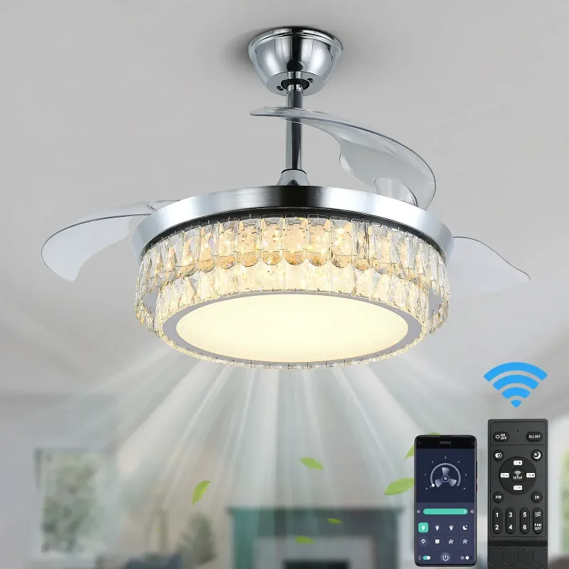Afralia™ Crystal Fan Chandelier LED Light Pull-out Blades Dimmable Remote Modern Home Decor