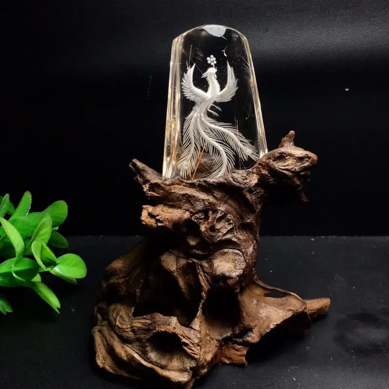 Afralia™ Crystal Phoenix Ornament on Hardwood Root Base Home Decor