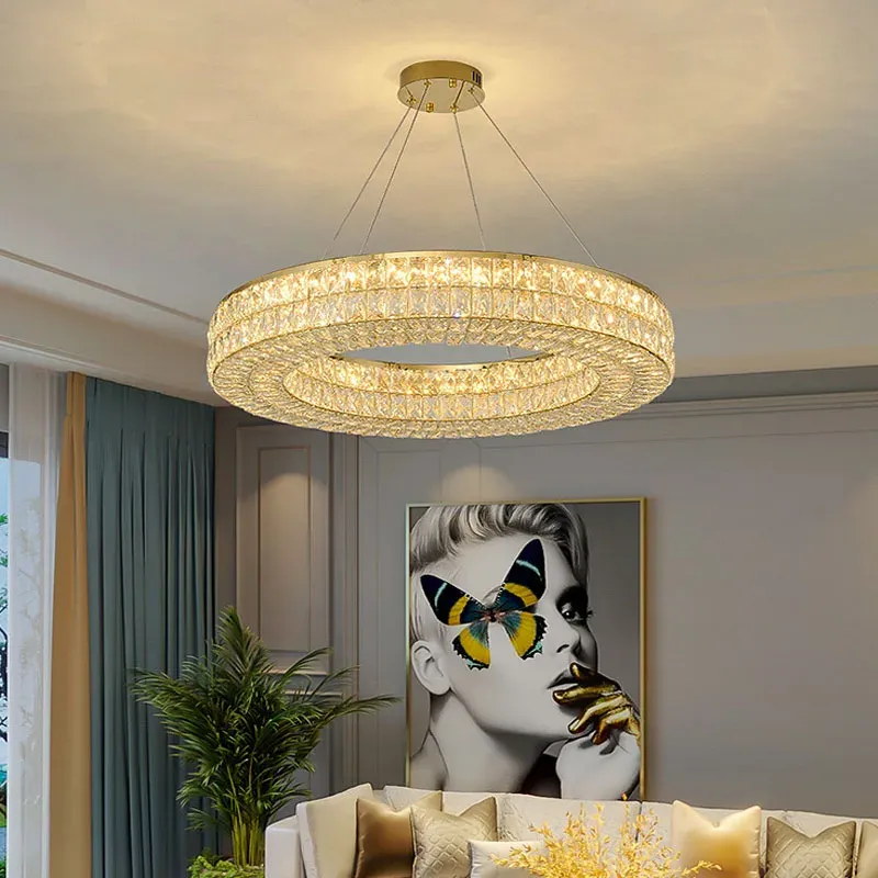 Afralia™ Cutting-edge Golden Ring Crystal Chandelier LED Light Luxe Living Room