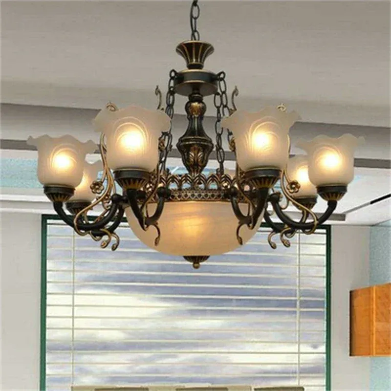 Afralia™ Heritage Wrought Iron Chandelier Glass Lampshade Home Decor Lighting