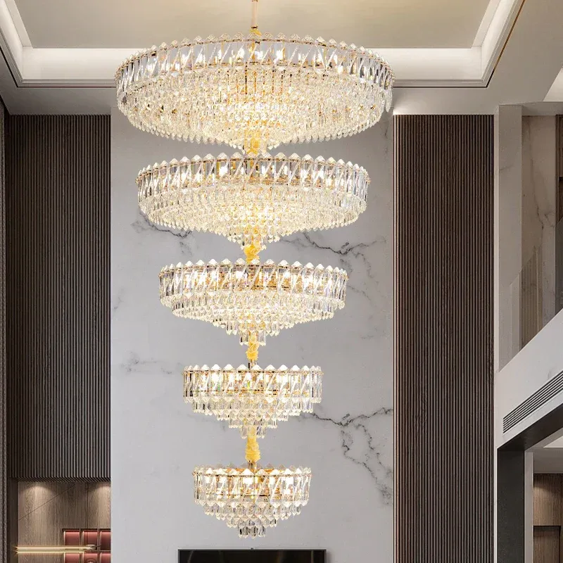 Afralia™ Present-day Crystal Chandelier Duplex Living Room, Lift High Hollow Design