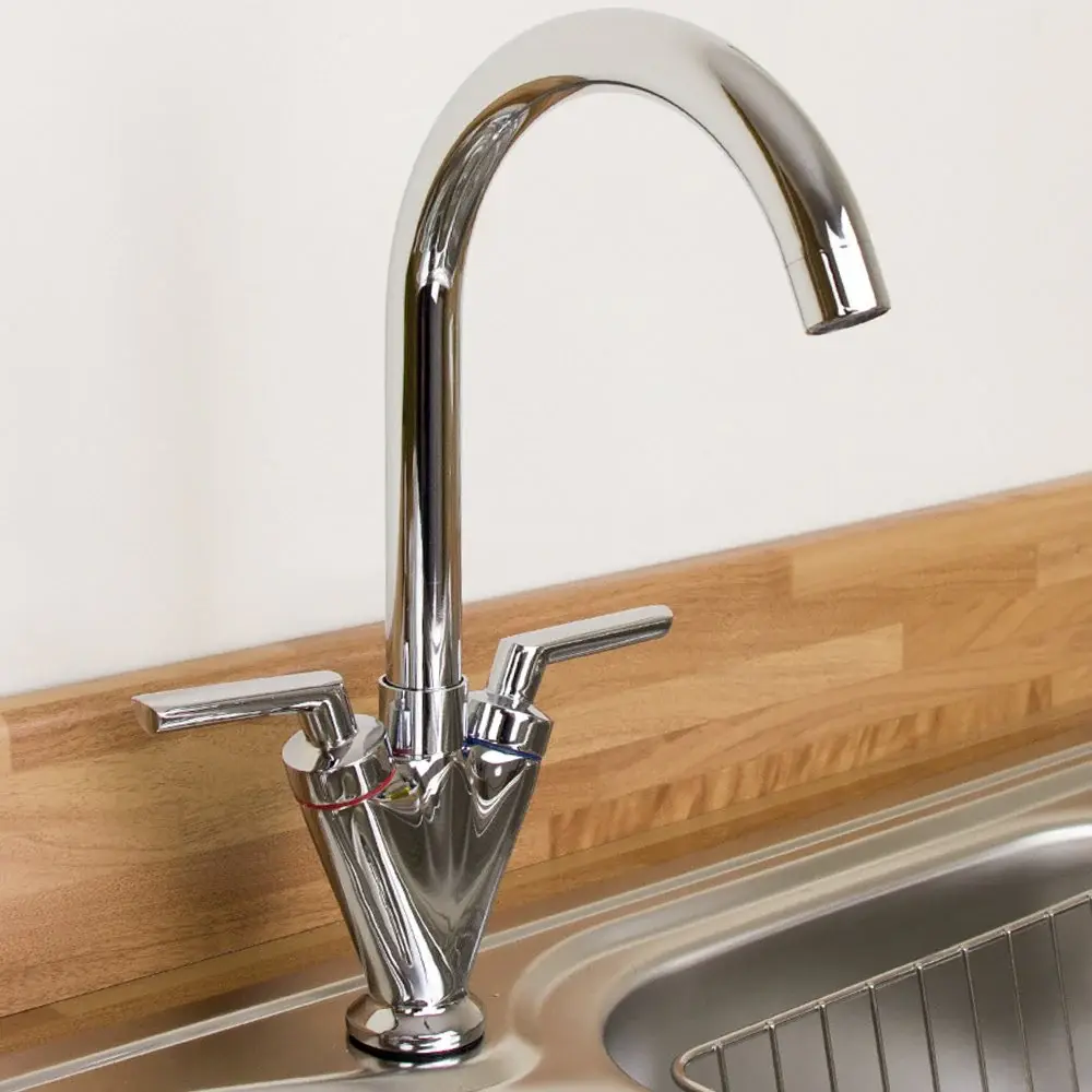 Astini Saturn Twin Handle Pivot Spout Kitchen Sink Mixer Tap Brushed Steel and Chrome Finish