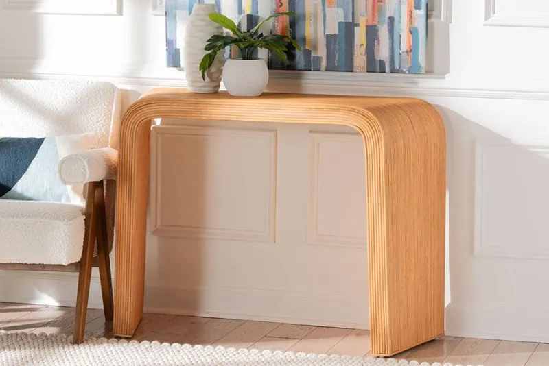 bali & pari Eilis Bohemian Portable Honey Fluted Rattan Waterfall Console Table