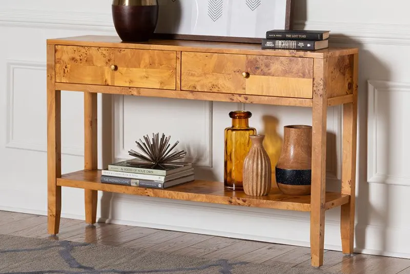 bali & pari Ghina Current and Contemporary Natural Light Mappa Burl Wood 2-Drawer Console Table