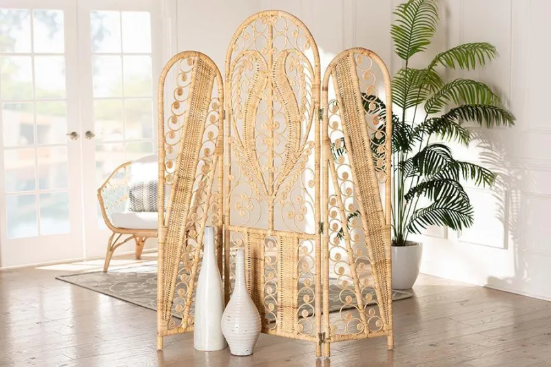bali & pari Nadra Modern Bohemian Natural Taupe Rattan Room Divider Home & Workshop