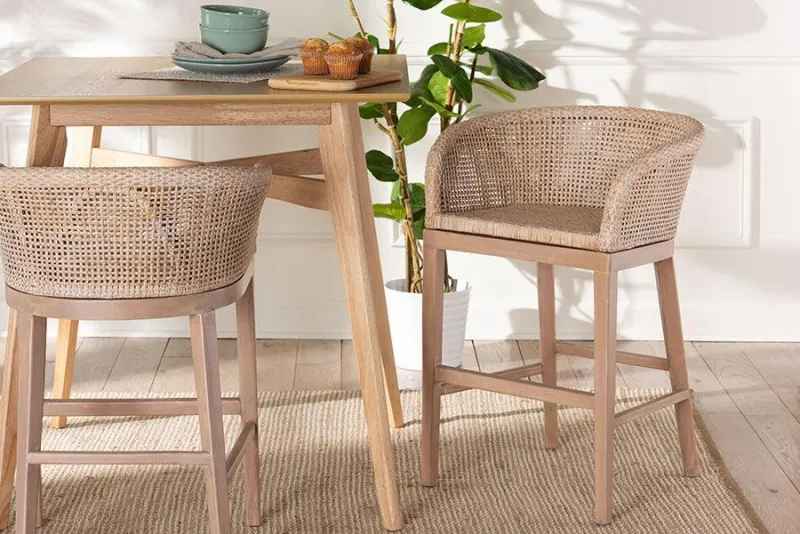 bali & pari Papua Modern Bohemian Antique Chalk Washed Rattan and Mahogany Wood Counter Stool Work Light