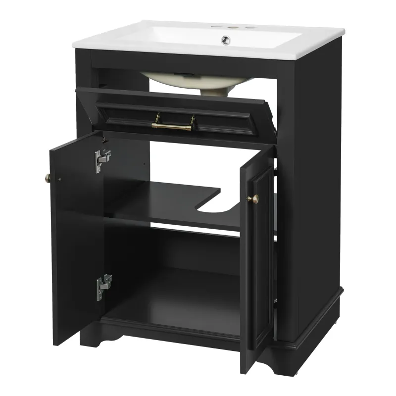 Bathroom Vanity Integrated Sink, 2 Door Cabinet Tip Out Drawer, Rectangular Design Compatible DeWALT Batteries