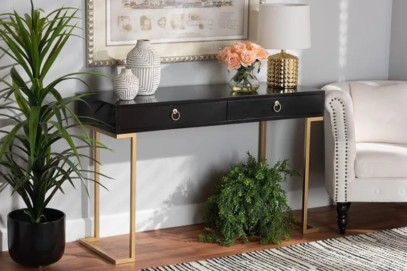 Beagan Modern and Contemporary Jet-black Finished Wood and Gold Metal 2-Drawer Console Table