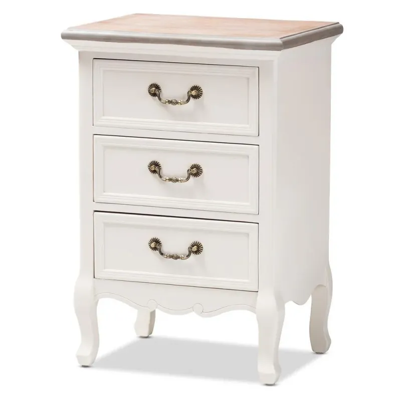 Capucine Antique French Country Cottage Two Tone Natural Whitewashed Oak and Chalk Finished Wood 3-Drawer Nightstand