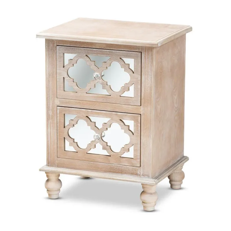 Celia Transitional Rustic French Country White-Washed Wood and Mirror 2-Drawer Quatrefoil Nightstand