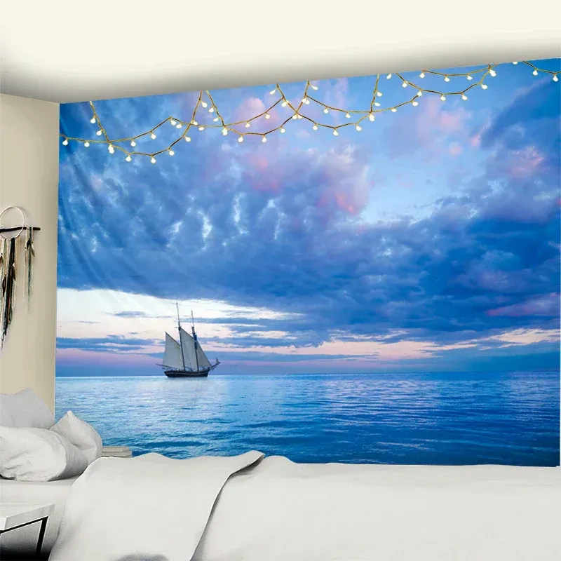 Cobalt Clouds Landscape Sky & Sea Wall Tapestry Home Decor Afralia™.