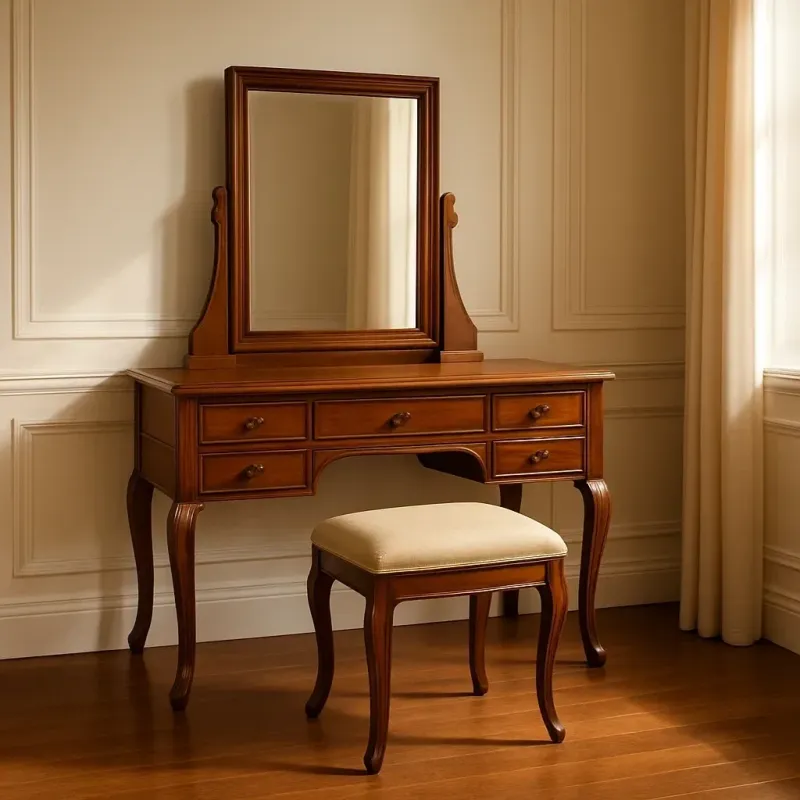 Coiffeuses coiffeuse avec miroir en bois massif brun avec tabouret inclus Brushed Nickel