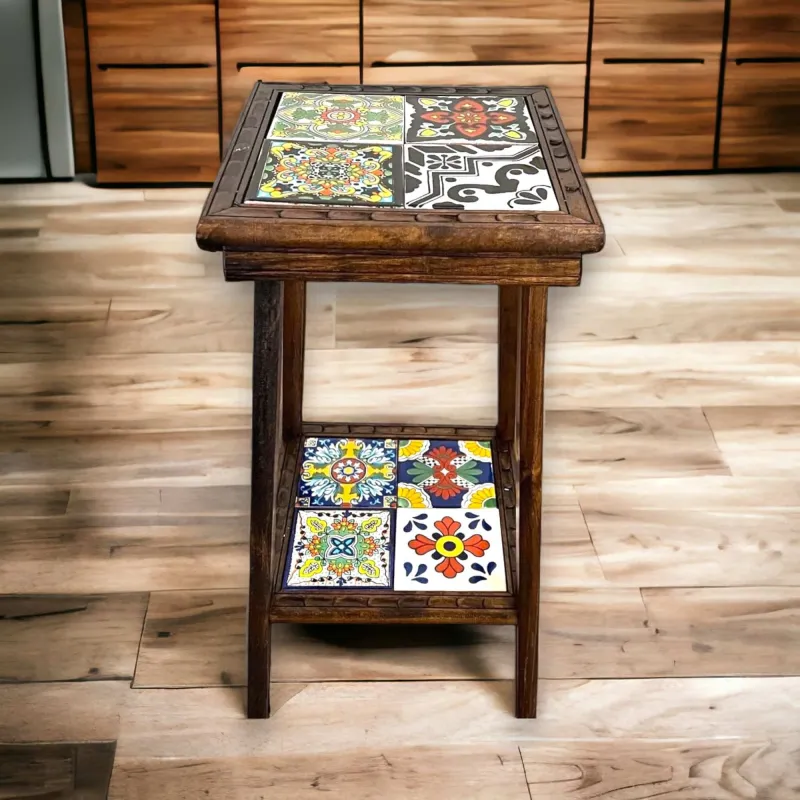 Customizable Mexican End Table | Talavera Tile Wood Side Table