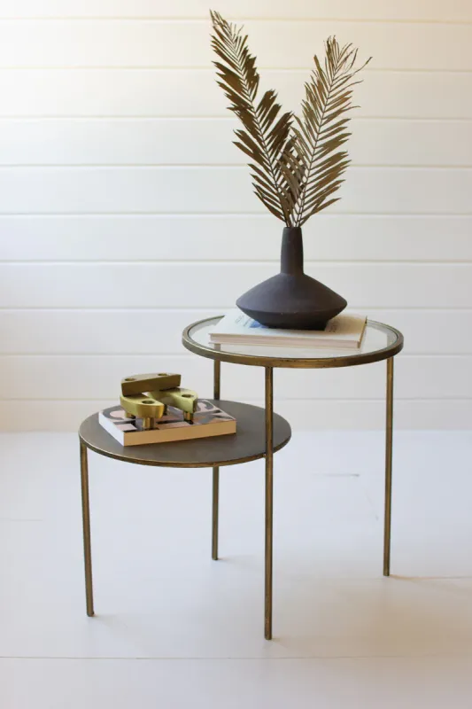 Double round accent tables antique warm alloy and glass tops