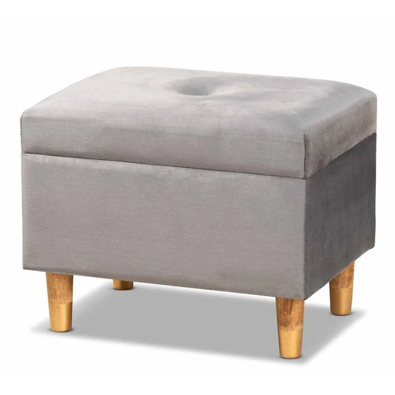 Elias Modern and Contemporary Grey Velvet Fabric Upholstered and Oak Espresso Finished Wood Storage Ottoman