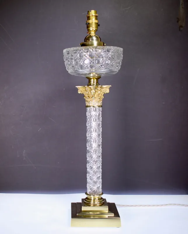 Ergonomic Design 19th Century Cut Glass and Warm alloy Corinthian Column Lamp. English Circa 1880