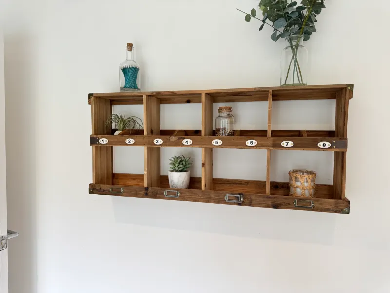 Farmhouse Style Timber Wall Shelving 8 Numbered Pigeon Holes