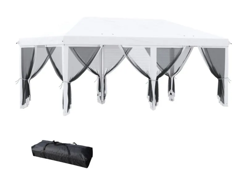 Folding gazebo/barn, colonial style, dimensions: 5.85m L x 2.95m W x 2.7m H, 6 mosquito nets, carrying bag, white/black