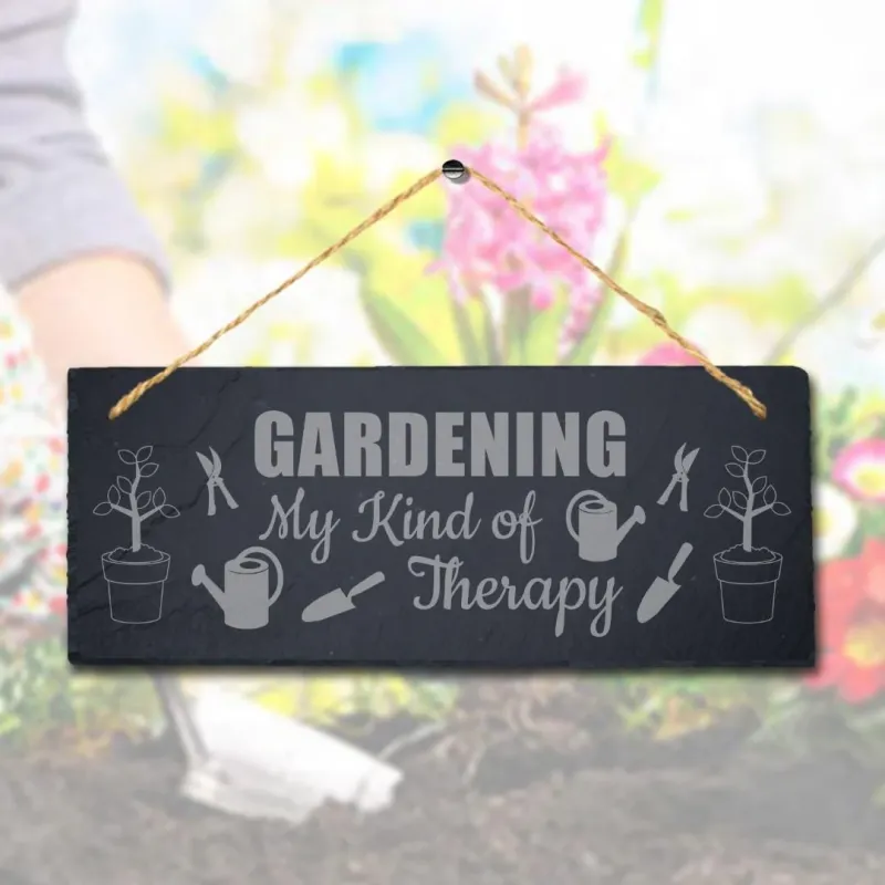 Gardening My Kind Therapy Laser Carved design Hanging Slate Garden Plaque Sign