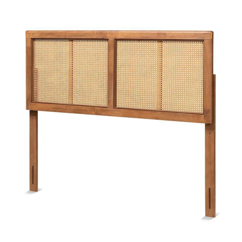 Gilbert Mid-Century Sleek Ash Walnut Finished Wood and Synthetic Rattan Queen Size Headboard