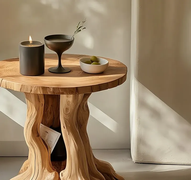 Handcrafted Robust Wood End Table Sculptural Tree-Root Base – Accent Side Table